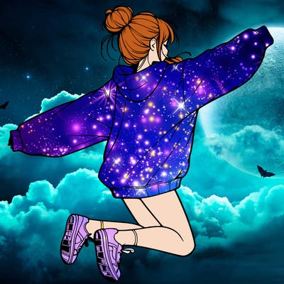 realistic girl jumping with a bun and oversized sweatshirt