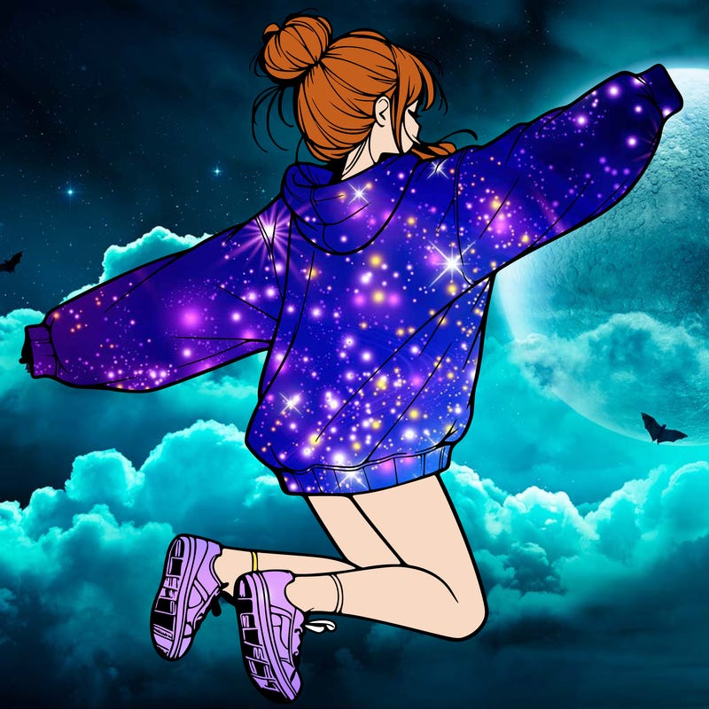 realistic girl jumping with a bun and oversized sweatshirt