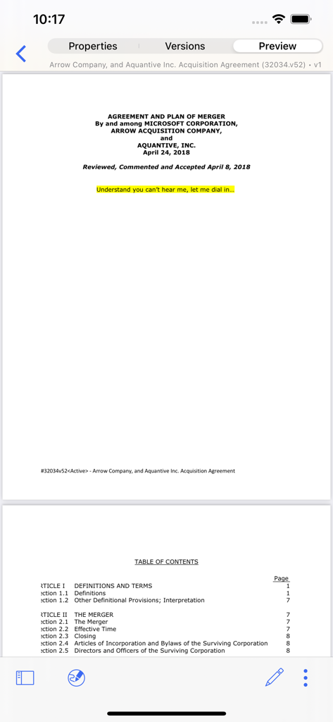iManage Work 10 Mobility - Preview of a legal merger agreement document within the iManage Work 10 Mobility app interface