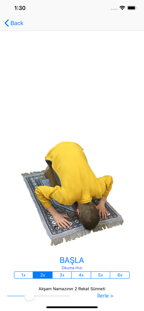 A visual simulation in the app showing a child performing the prostration position during prayer
