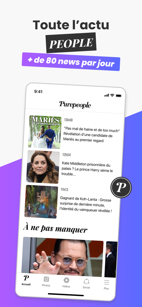 Purepeople © - Smartphone-Bildschirm, der die Homepage der Purepeople-App mit den neuesten Promi-Nachrichtenartikeln zeigt.