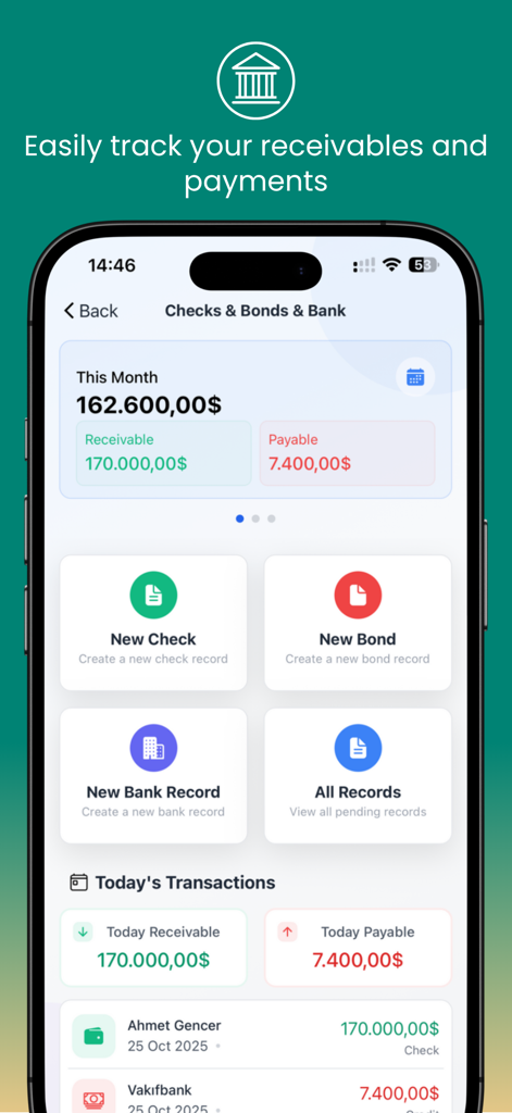 Budget and Money Manager - Oberfläche der Budget- und Geldmanager-App, die eine Zusammenfassung von Forderungen und Zahlungen mit Optionen zum Hinzufügen von Schecks und Bankeinträgen anzeigt