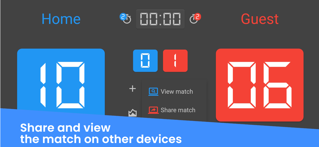 Digital volleyball scoreboard app showing the match score and sharing menu