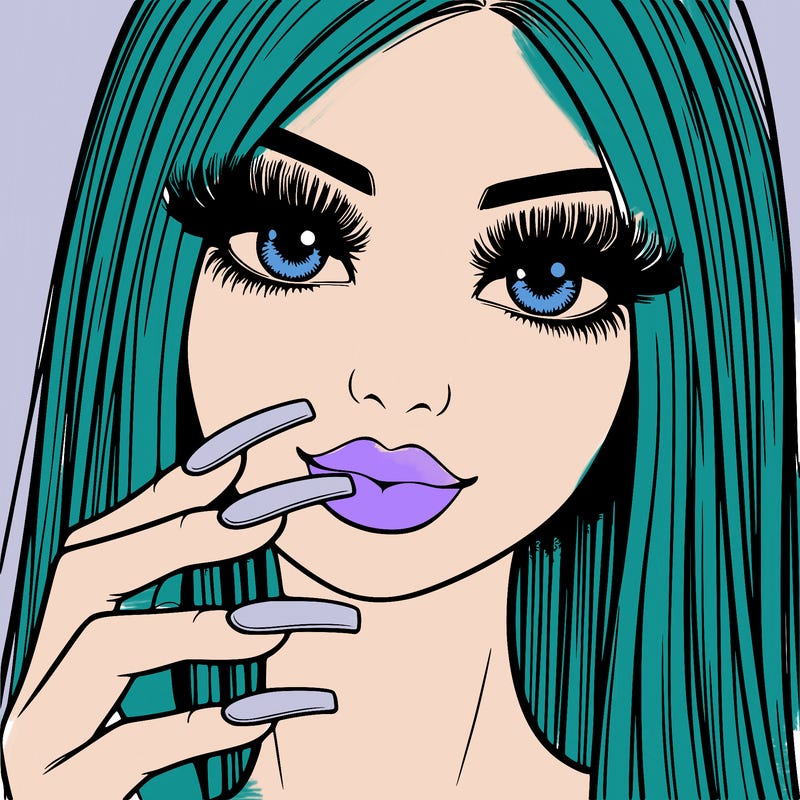 realistic pretty girl with long lashes and long square nails