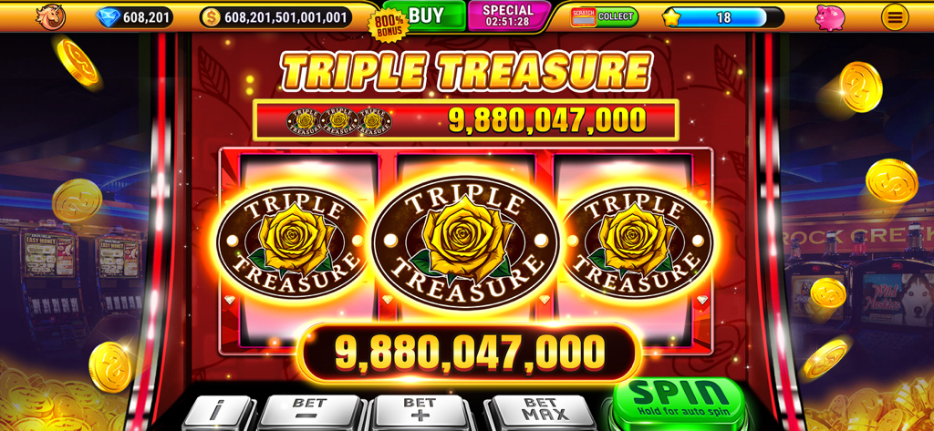 Wild Classic Slots Casino Game - Máquina Triple Treasure de Wild Classic Slots con un jackpot de monedas masivo y símbolos de rosas doradas