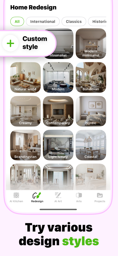 AI Kitchen Design - KitAI - KitAIアプリのインターフェース。家やキッチンのリフォームのためのさまざまなインテリアデザインスタイルを表示