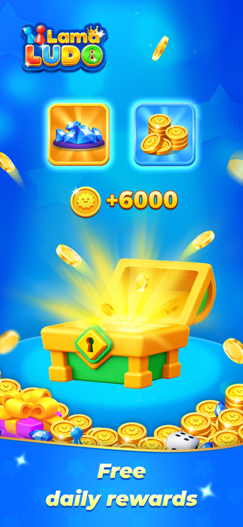 LamaLudo app showing free daily rewards chest with gold coins