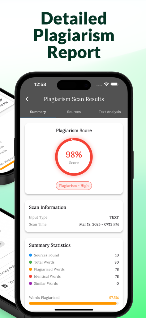 PlagScan : Plagiarism Checker - Detailed plagiarism report screen displaying a high similarity score and detailed scan statistics.