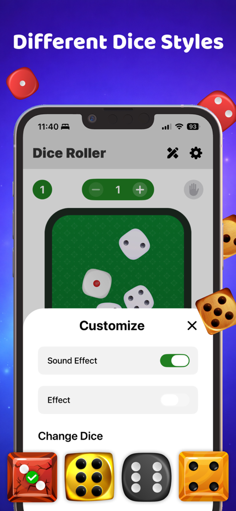 Interface do aplicativo Dice Roller mostrando opções de personalização para diferentes estilos de dados e efeitos sonoros.