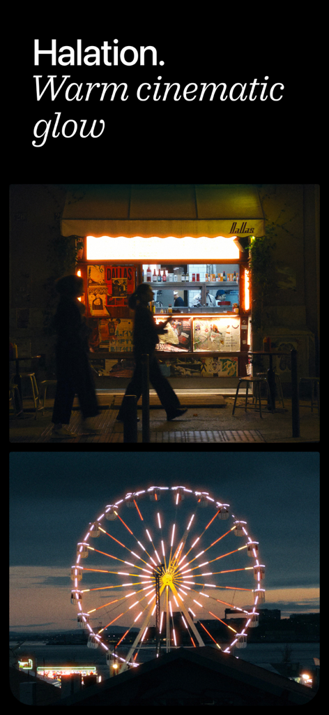 Lampa — Digital & Film Camera - Night photography examples showcasing the halation effect and warm cinematic glow in the Lampa camera app