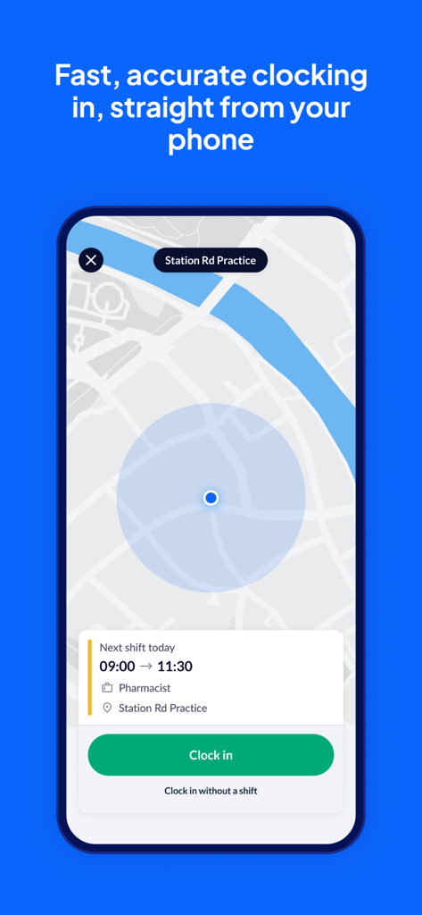 RotaCloud mobile app screen showing a GPS map for accurate clocking in with shift details