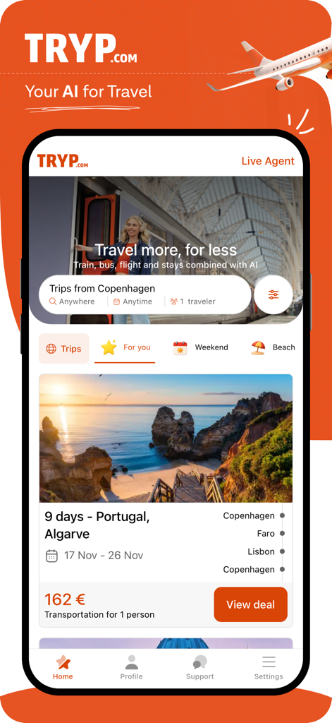 Interfaz de la aplicación móvil Tryp.com que muestra ofertas de viajes impulsadas por IA y planificación de viajes multi-modales.