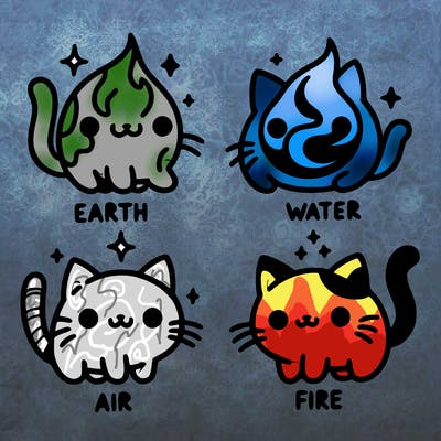 4 cats that represent the different elements, earth, water, air, and fire