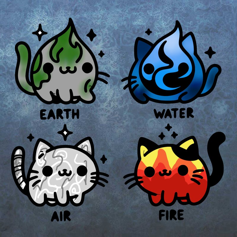 4 cats that represent the different elements, earth, water, air, and fire