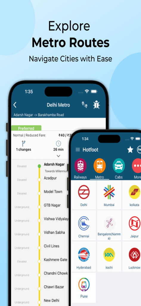 PNR, Live Train Status & Metro - Captura de tela do aplicativo Hotfoot mostrando o recurso de rotas de metrô para navegar pelas principais cidades indianas como Delhi e Mumbai.