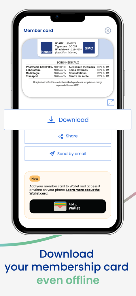 Digital health insurance membership card displayed in the Henner plus mobile app with options to download and add to wallet