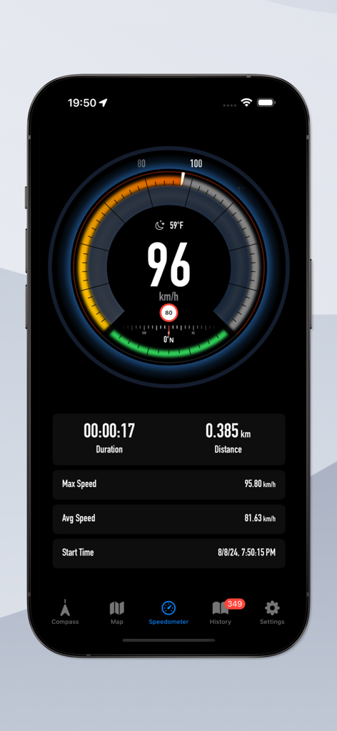 Speedometer GPS & Compass - Panel del velocímetro digital mostrando velocidad, distancia y duración del viaje en km/h