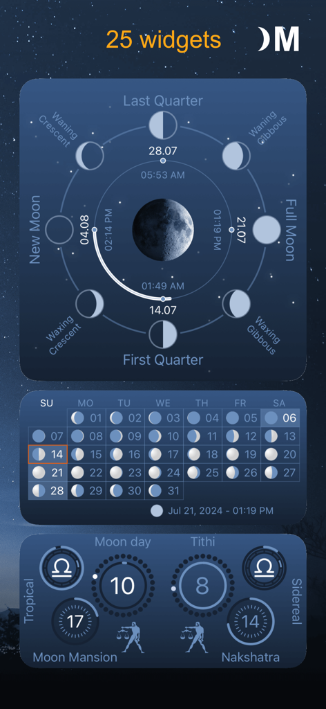 Screenshot showing three different lunar widgets including a moon phase diagram and a monthly moon calendar