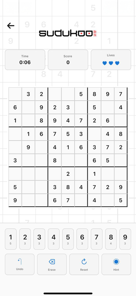 Interfaz de juego de Sudoku moderno con un diseño de cuadrícula minimalista y herramientas de juego.
