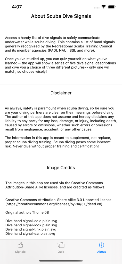 Scuba Dive Signals - Die Über-Seite der Tauchzeichen-App, die die Beschreibung, Haftungsausschlüsse und Bildnachweise zeigt.