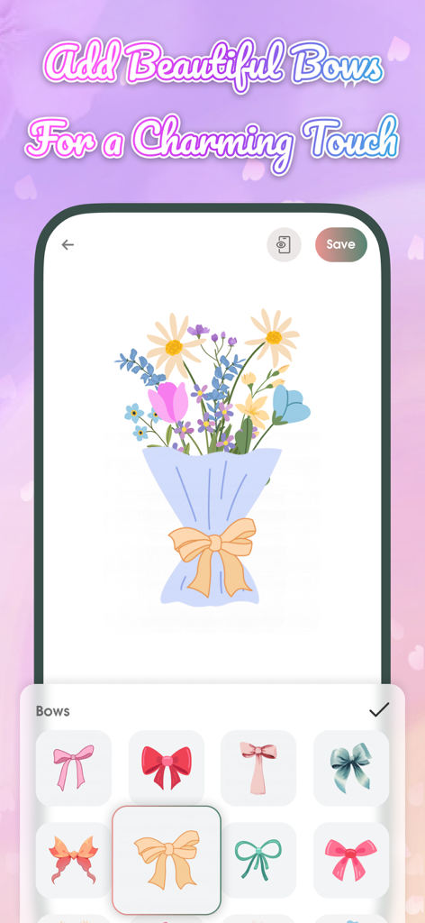 Flower Language: DIY Wallpaper - Interface do aplicativo Flower Language DIY Wallpaper mostrando um buquê de flores sendo personalizado com vários laços decorativos.