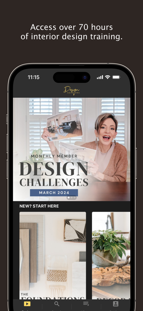 Design Sessions app interface featuring professional interior design training and monthly member challenges