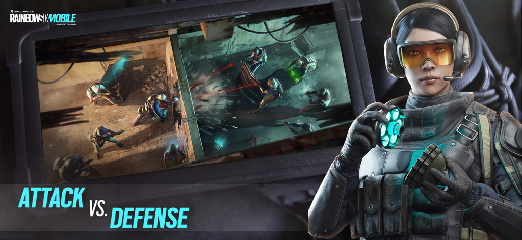 Rainbow Six Mobileのオペレーターと5v5戦術ゲームプレイ画面。攻撃対防御が表示されている。