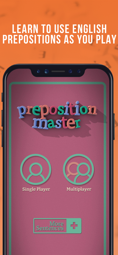 Preposition Master app home screen showing single player and multiplayer game modes