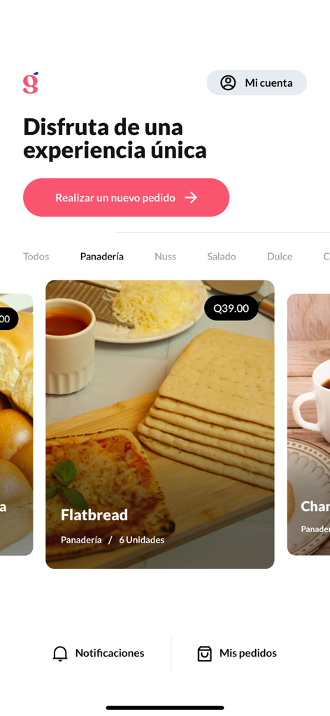 Genba - Interfaz de la aplicación móvil Genba mostrando productos de panadería, incluyendo pan plano y una llamada a la acción para realizar un nuevo pedido