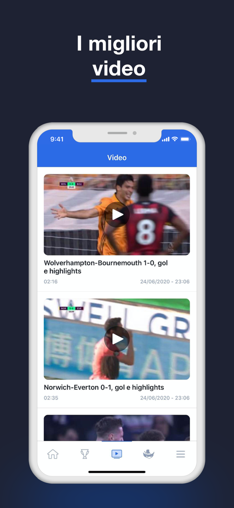 Interface of the Fantacalcio app showing soccer match video highlights