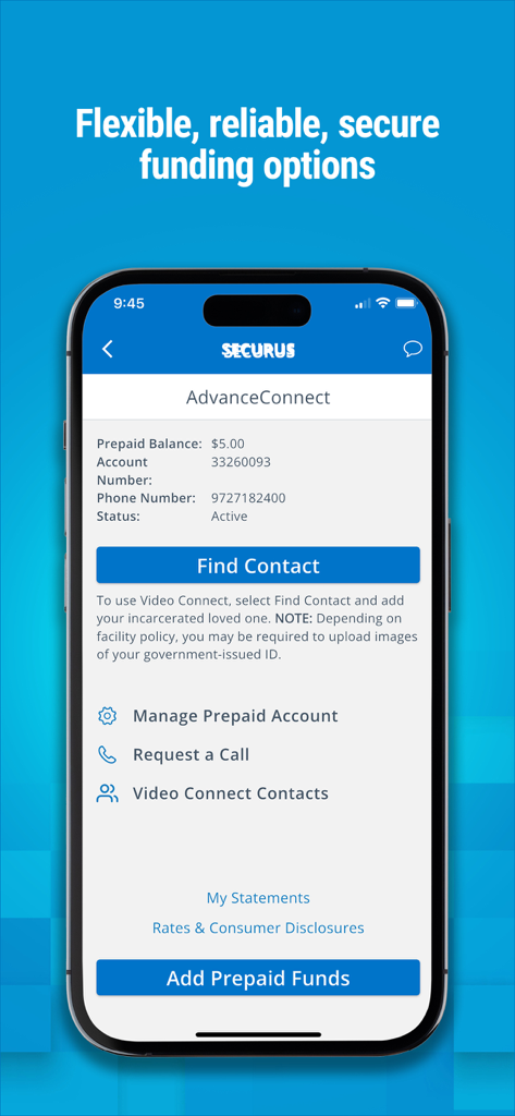 Securus Mobile app AdvanceConnect screen showing prepaid balance and funding options