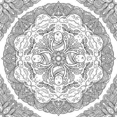 Unwind with this exquisitely detailed Newborn Mandala coloring page, crafted specifically for adults seeking a peaceful artistic escape. Its intricate design, featuring sleeping babies amidst symmetrical patterns, promises hours of mindful relaxation.