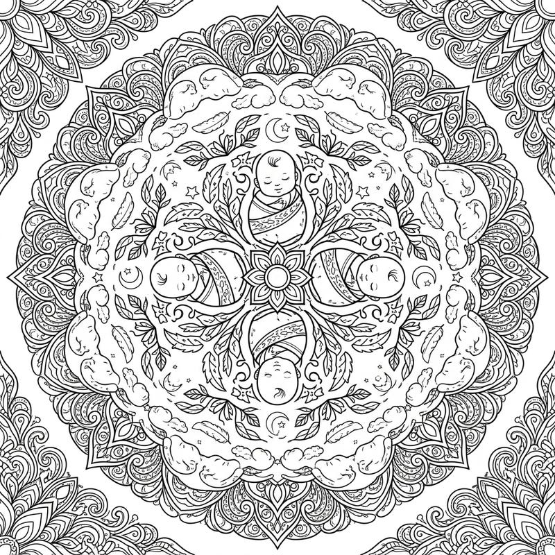 Unwind with this exquisitely detailed Newborn Mandala coloring page, crafted specifically for adults seeking a peaceful artistic escape. Its intricate design, featuring sleeping babies amidst symmetrical patterns, promises hours of mindful relaxation.