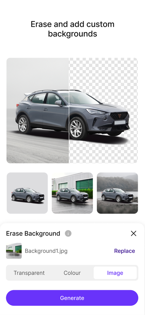 Pixelbin: AI Photo Editor - Interface do aplicativo Pixelbin mostrando o recurso para apagar e adicionar fundos personalizados a uma imagem de carro.