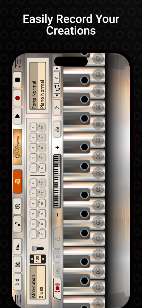 Flute Sim - Captura de pantalla de la aplicación Flute Sim que muestra la interfaz de grabación y las notas de la flauta virtual