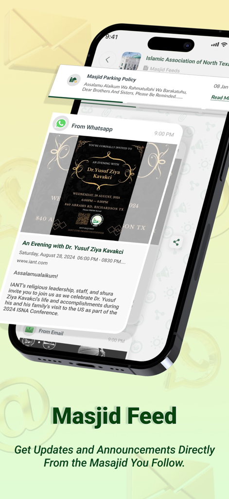 CMZ (ConnectMazjid) - Events - ConnectMazjid app Masjid Feed screen displaying community announcements and mosque updates on a smartphone