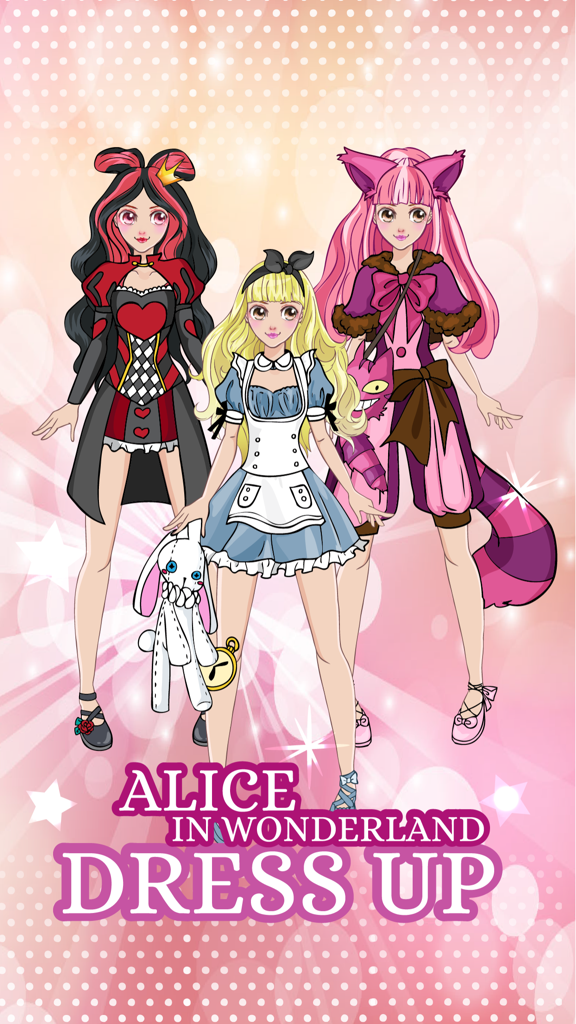 Alice Princess Games 2 - Dress Up Games for Girls - Three girls in Alice in Wonderland inspired outfits including the Queen of Hearts and Cheshire Cat costumes