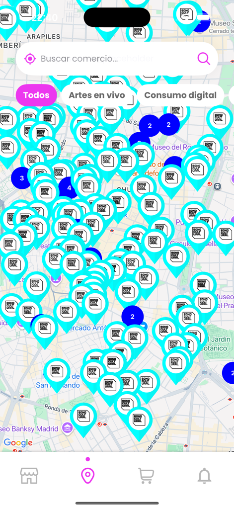 Bono Cultural Joven 2025 - Map view in the Bono Cultural Joven app showing locations of participating cultural businesses.