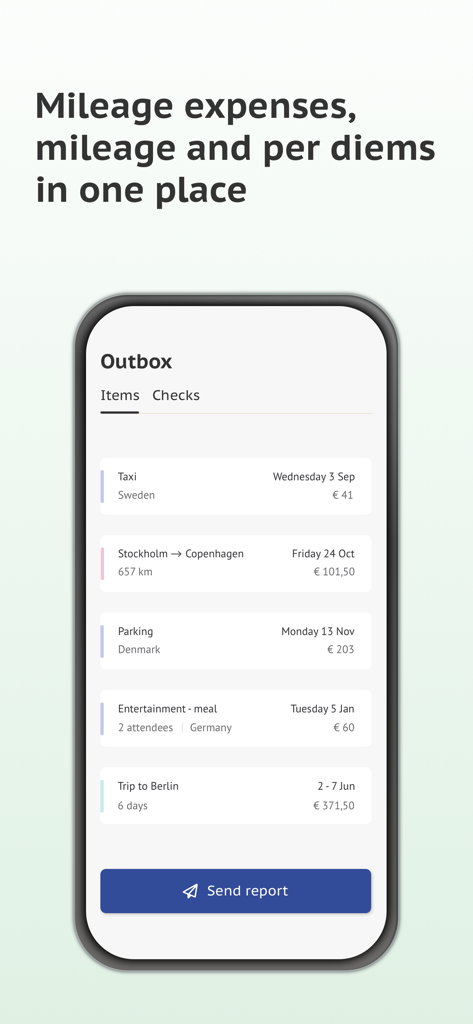 Interfaccia dell'app Skovik che mostra un elenco in uscita di spese di viaggio e chilometraggio con un pulsante per inviare il report