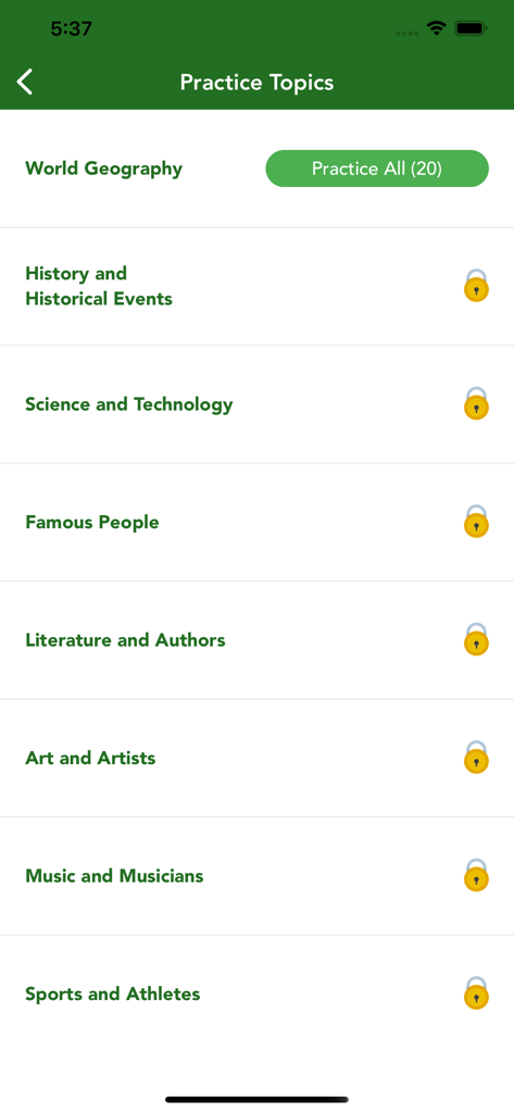 General Knowledge Trivia Quiz+ - Menú de temas de práctica en la aplicación Quiz de Conocimientos Generales Trivia+ mostrando categorías como Geografía Mundial e Historia.