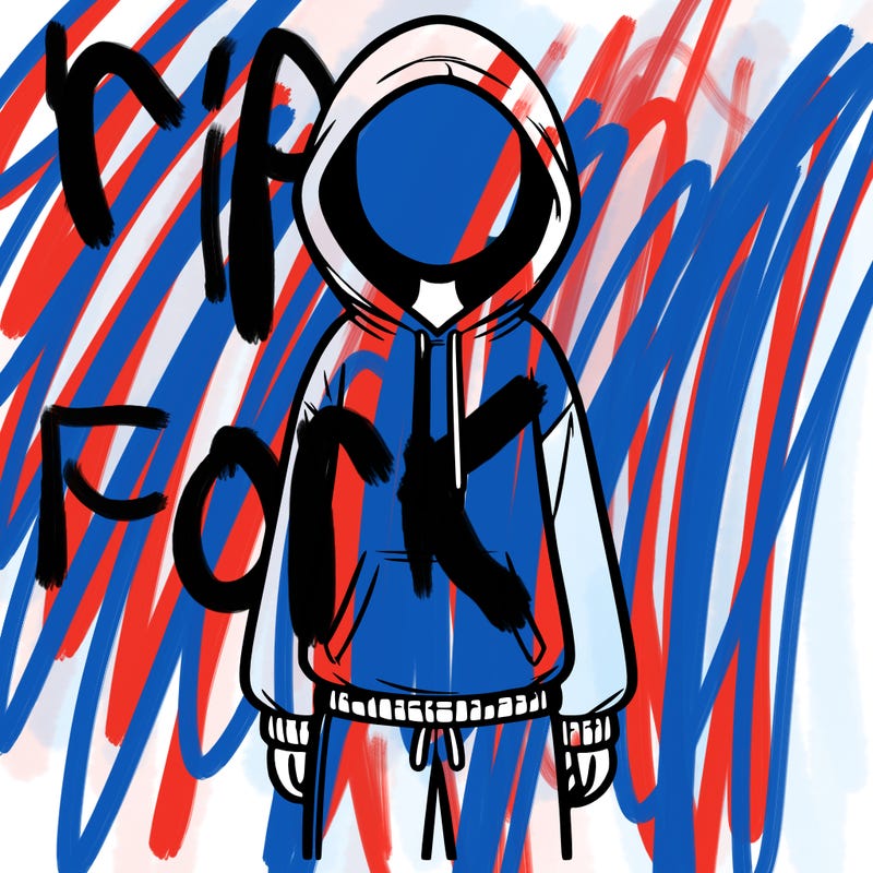 faceless girl in a tracksuit with a hood on and no hair