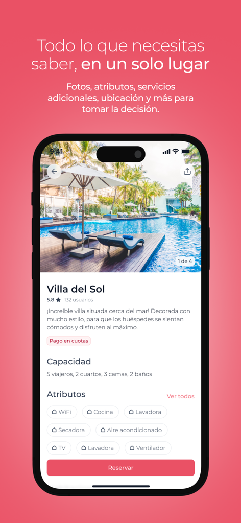 Estei - Interface of Estei app showing a luxury villa listing with pool and amenities