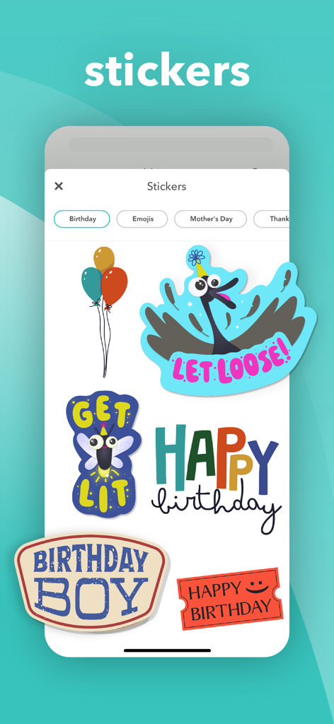 CardSnacks: ecards, greetings - Eine Vielzahl von bunten Geburtstagsstickern innerhalb der Benutzeroberfläche der CardSnacks-App