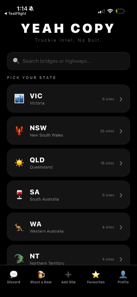 Yeah Copy - Tela do aplicativo Yeah Copy exibindo estados australianos para atualizações de status de balança