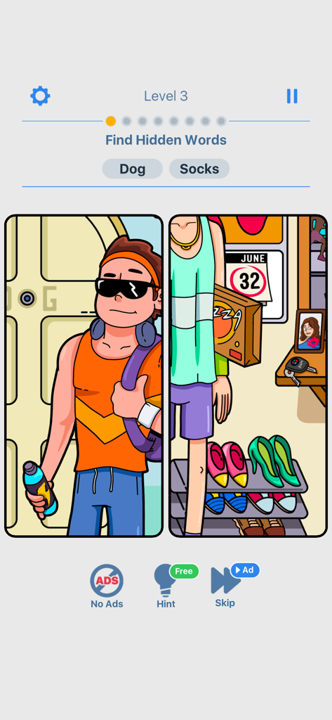 Riddle Master - Riddle Master mobile game screenshot showing Level 3 with a find hidden words challenge for Dog and Socks