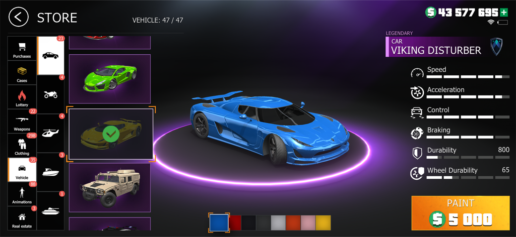 Grand Criminal Online: Heists - Tienda de vehículos en el juego que muestra un superdeportivo azul Viking Disturber y estadísticas de rendimiento