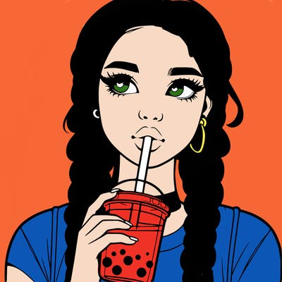 realistic girl with braided hair drinking boba
