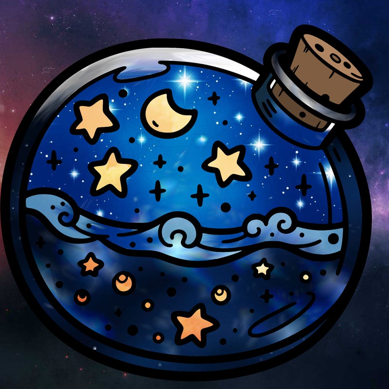 a cute spacious potion bottle filled with stars and the ocean