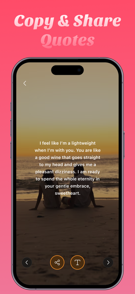Love Tracker: Day Counter - Tela de aplicativo móvel mostrando uma citação romântica sobre um fundo de praia ao pôr do sol com botões de compartilhamento e personalização de texto.