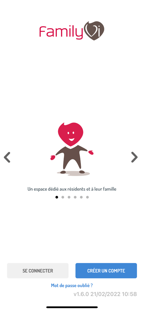 FamilyVi - FamilyVi mobile app welcome screen featuring a friendly mascot and login options for residents and their families.